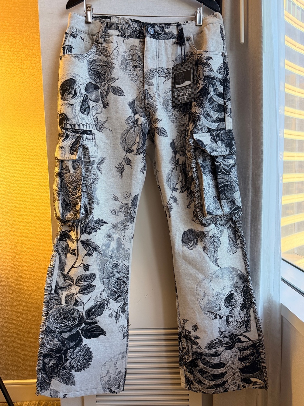 Rebel Vengeance | Black & Gray Goth Skulls & Roses Tapestry Pants